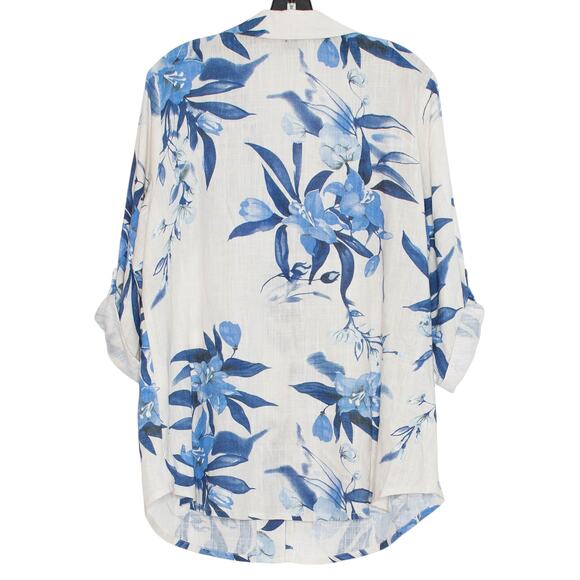 Michael Tyler Top 3/4 Sleeve Linen Coastal Boho Retro Resort Button Floral Large - Picture 2 of 6